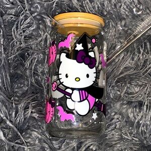 Halloween Witch Hello Kitty glass tumbler cup with bamboo lid +reusable straw